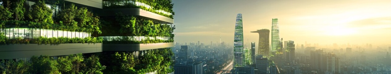 Futuristic Green Energy City with Vertical Forests and Solar
