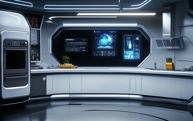 Obraz premium Futuristic kitchen interior with smart appliances and digital displays. Sleek design, advanced technology, modern space. Perfect for sci-fi, technology, and home concepts.