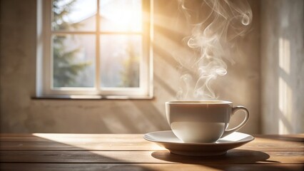 A steaming cup of morning beverage on a wooden table, sunlight streaming through a window