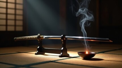 A katana rests on a stand, incense smoke curling upward beside a small, burning candle. The scene is set against a traditional backdrop, creating a serene and contemplative atmosphere.