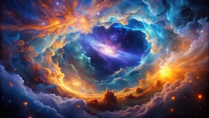 Celestial Panorama A Dreamlike Nebula with Glowing Clouds and a Spiral Galaxy at its Core