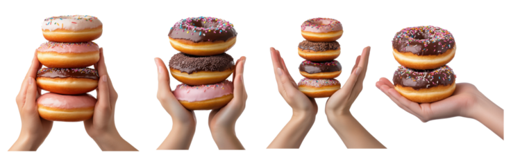Collection of doughnuts in different flavors held in hands isolated on transparent background