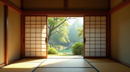 Tranquil scene of a Japanese-style room with sliding doors open to reveal a serene garden. Sunlight streams in, illuminating the tatami mats.