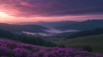 Breathtaking sunrise over Carpathian Mountains with vibrant purple and pink sky hues, endless blooming rhododendron sea on grassy hills, serene natural beauty, sunlight bathed landscape,