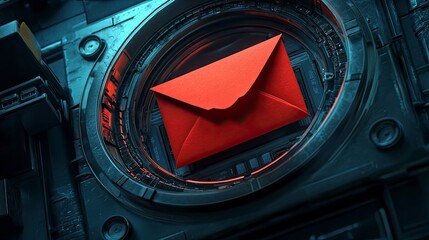 A red envelope being used as a container for a message in a high-tech time capsule.