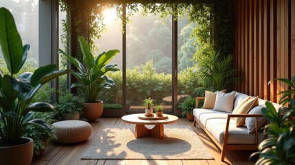 Sun-drenched living space, filled with lush greenery and a comfortable sofa. A tranquil and inviting atmosphere.