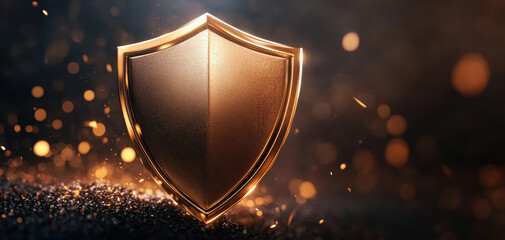 Fototapeta premium golden shield symbolizing protection and security, glowing against dark background filled with sparks