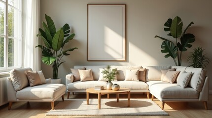Beige sectional sofa with throw pillows in a sunlit living room. Large tropical plants and a blank frame add to the calming atmosphere.