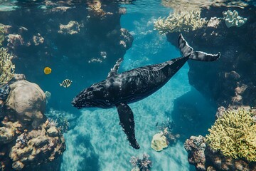 A humpback whale swimming on the seabed of clear Hawaiian waters, with coral reefs and lively fish celebrating the whale's return to the Hawaiian coast