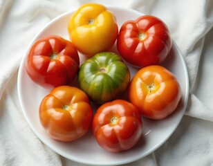 Fototapeta premium Assortment of colorful heirloom tomatoes arranged on a white plate. A vibrant display of garden-fresh produce, perfect for recipes or market displays.