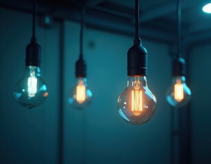 Glowing Edison bulbs hang in a dark room, casting a warm, ambient light against a teal backdrop.  The scene evokes a feeling of creativity and inspiration.
