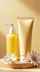 A pastel tube and yellow  dispenser on a pastel background with daisies