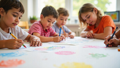 Fototapeta premium Students coloring with crayons in bright classroom, creativity unleashed