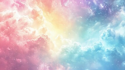 Pastel rainbow clouds and stars, dreamy space background.