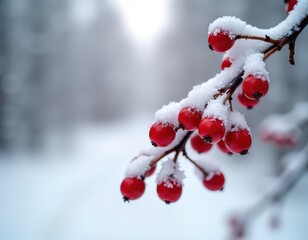 Snow-covered red berries on a branch in a winter wonderland.  A picturesque scene of nature's beauty during the cold season.
