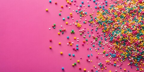A vibrant scattering of colorful sprinkles on a pink background