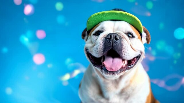 A white English bulldog wearing a green baseball cap poses for the camera, against a blue background. Ai video. Pets
