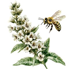 Watercolor Painting of a Honeybee Approaching Delicate White Flowers.