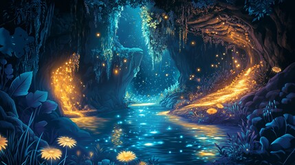 Enchanting Glowworm Cave River Fantasy Scene