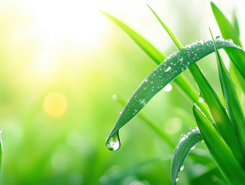 Close up of morning dew droplets on green grass blades, glistening in sunlight. fresh, vibrant scene evokes sense of tranquility and renewal