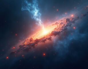 Cosmic energy bursts from a swirling nebula, illuminating the dark expanse of space with vibrant colors and celestial wonders. A breathtaking spectacle of light and power.