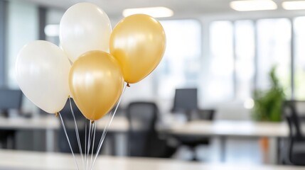 gold balloons in modern office, birthday, christmas celebration, ai generated