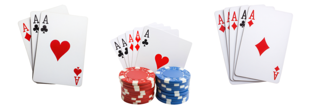 Playing cards and poker chips collection isolated on a transparent background