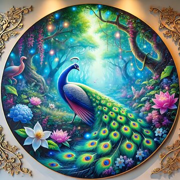 Enchanted Himmapan Forest: A majestic peacock displays its iridescent plumage amidst vibrant flora and glowing ethereal lights, creating a breathtaking scene of serene beauty and mystical charm.