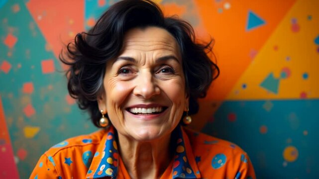 A happy elderly woman laughs in front of a vibrant, multicolored background with abstract shapes and confetti. She wears an orange patterned shirt, earrings, and smiles at the camera. Active elderly
