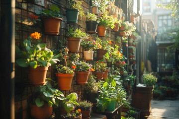 Obraz premium A vibrant vertical garden thrives on a brick wall, showcasing diverse potted plants in the morning sun.