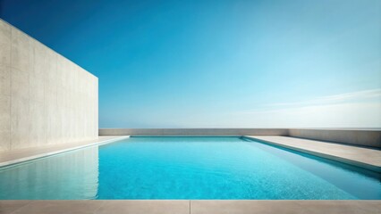 Fototapeta premium Serene Minimalist Poolside Architectural Design Featuring a Bright Blue Pool and Light Beige Wall Under a Clear Sky