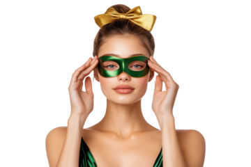 PNG woman adjusting a green mask with gold bow headband