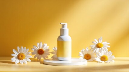 A white and yellow dispenser on a yellow background with daisies