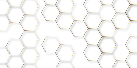 Abstract hexagon white background with shadow .golden background Futuristic blue neon honeycombs. Modern technology design. Vector illustration.	
