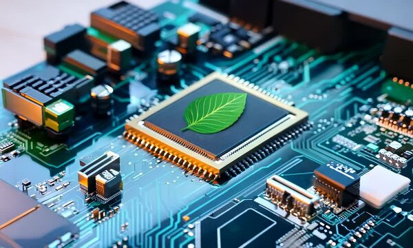 Close-up of Organic Chip with Green Leaf Texture on High-Tech Circuit Board