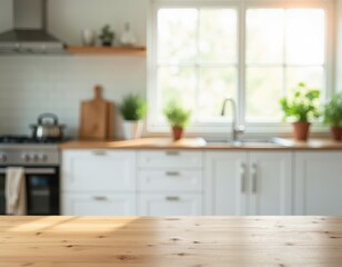Bright kitchen with wooden countertop, perfect for showcasing products or recipes.  The sunlit space offers a clean, modern aesthetic, ideal for a variety of uses.