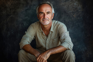 A mature man with graying hair sits against a dark background, exuding confidence and calm.