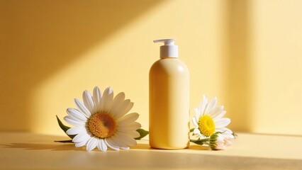 A yellow dispenser on a yellow background with daisies