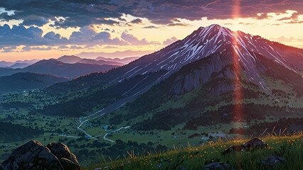 Beautiful aesthetic anime mountain landscape colorful background wallpaper 