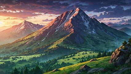 Beautiful aesthetic anime mountain landscape colorful background wallpaper 
