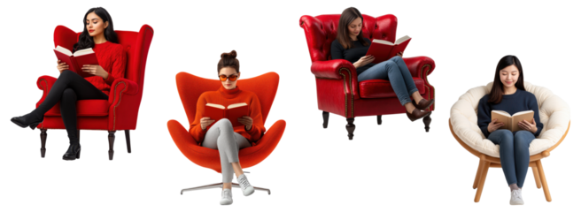 Women reading books in armchairs collection isolated on a transparent background