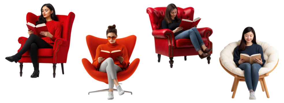 Women reading books in armchairs collection isolated on a transparent background