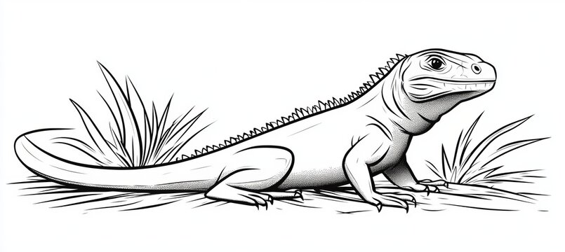 black and white iguana in grass clip art preview