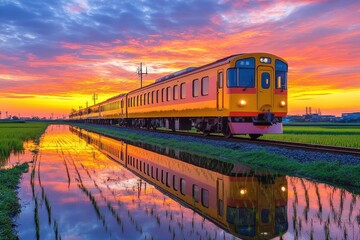 Fototapeta premium Majestic Twilight Scene with Train Reflected on Wet Tracks Alongside Vibrant Pink and Orange Sky Over Water-Filled Paddy Fields