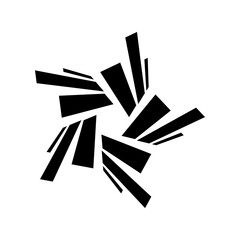 Radial angled split bursting arrows icon. A circular arrangement of tilted, sliced black arrow shapes. Isolated on a white background.