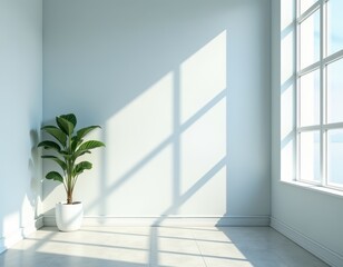 Sunlight streams into a minimalist room, illuminating a potted plant in the corner.  The serene space offers a sense of calm and tranquility, perfect for relaxation or contemplation.