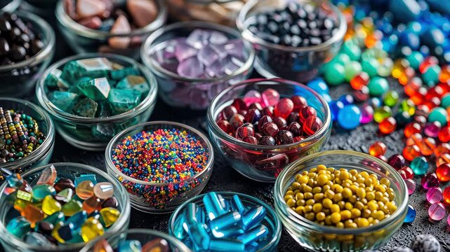 Various beads and beads for needlework. Selective focus. colorful.
