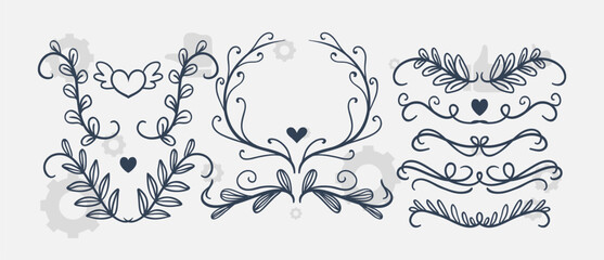 Elegant floral frames with hand drawn silhouettes of branches and leaves. Vector flower wreaths for labels, corporate identity, wedding invitation, save the date, logo