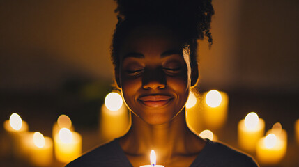 A person finding clarity in meditation, illuminated by candlelight, with a serene smile reflecting their emotional state.
