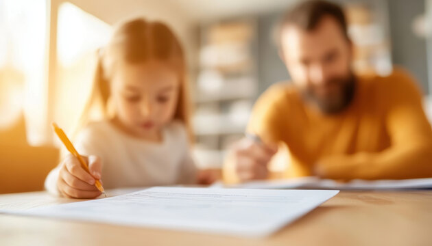 Organizing monthly budget at dining table with family members, focusing on financial planning and collaboration